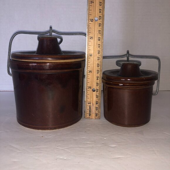 Vintage 2 Brown Ceramic Stoneware Crock Cannisters with Lids - Picture 10 of 10